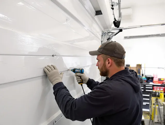 Scituate Garage Door Repair technician demonstrating precision dent removal techniques on a Scituate garage door